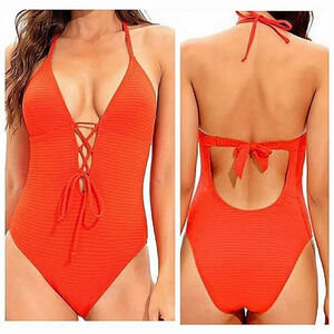Lucky Brand Women's Golden Wave Textured Plunging Lace-Up Swimsuit Size Medium